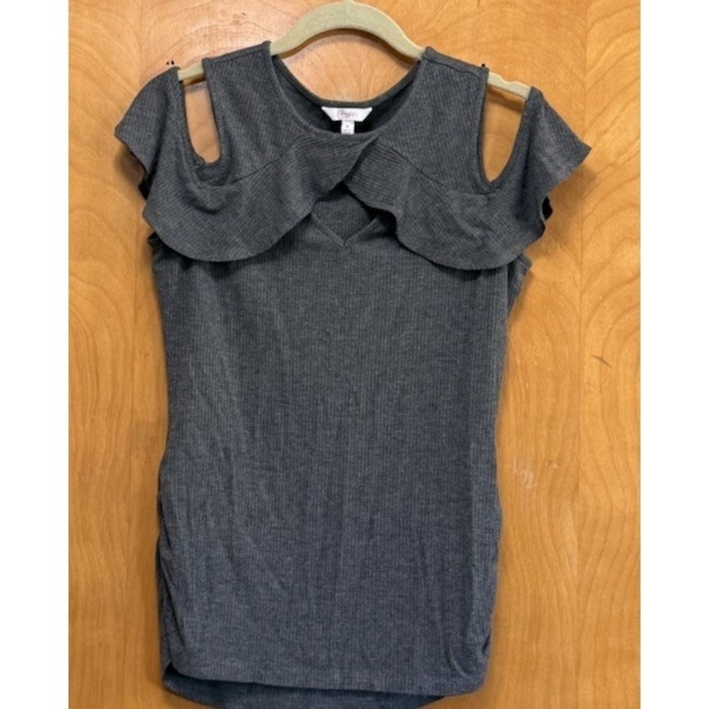 Candies Ruffle Front Stretchy Cold‎ Shoulder Ribbed Top Keyhole Ruched Gray M
